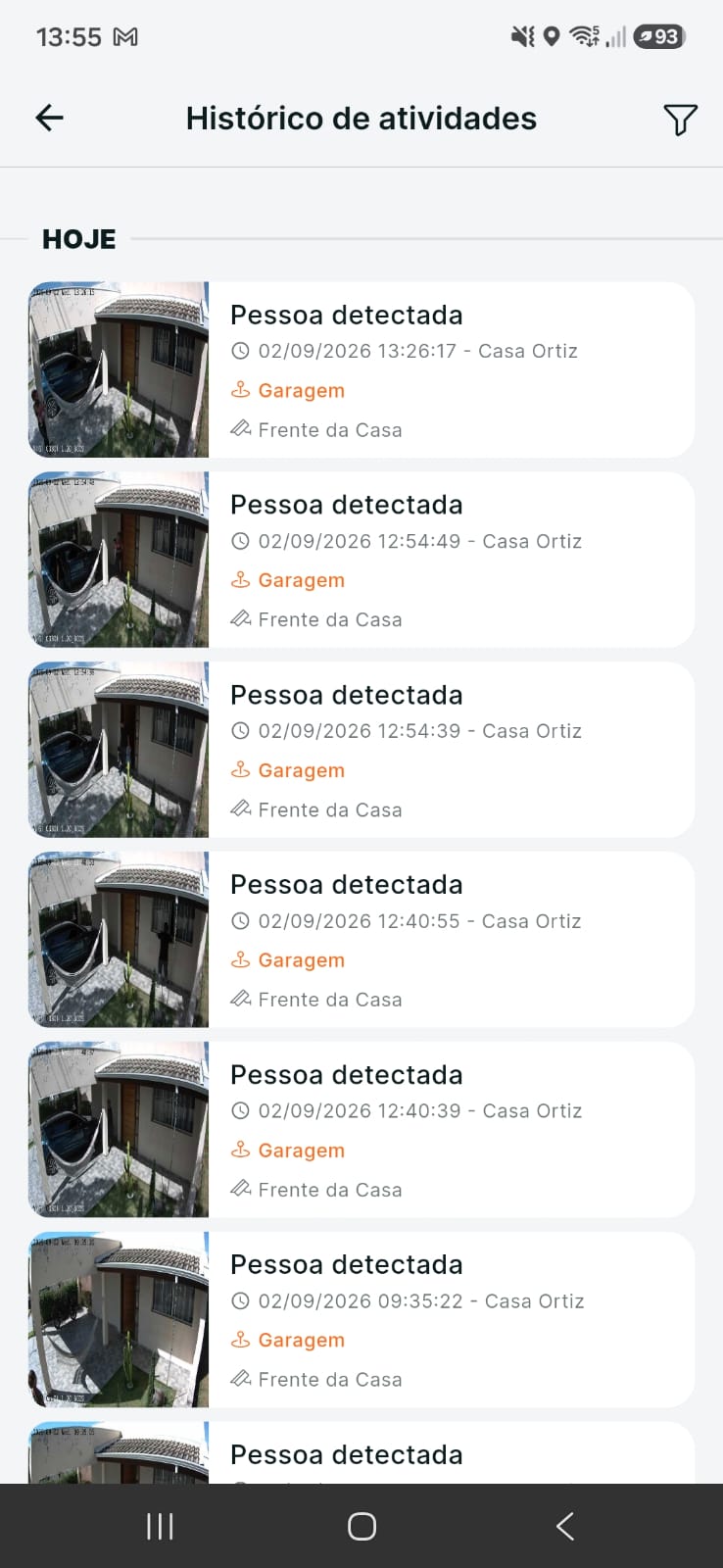 Histórico de alarmes e pessoas detectadas pelas câmeras